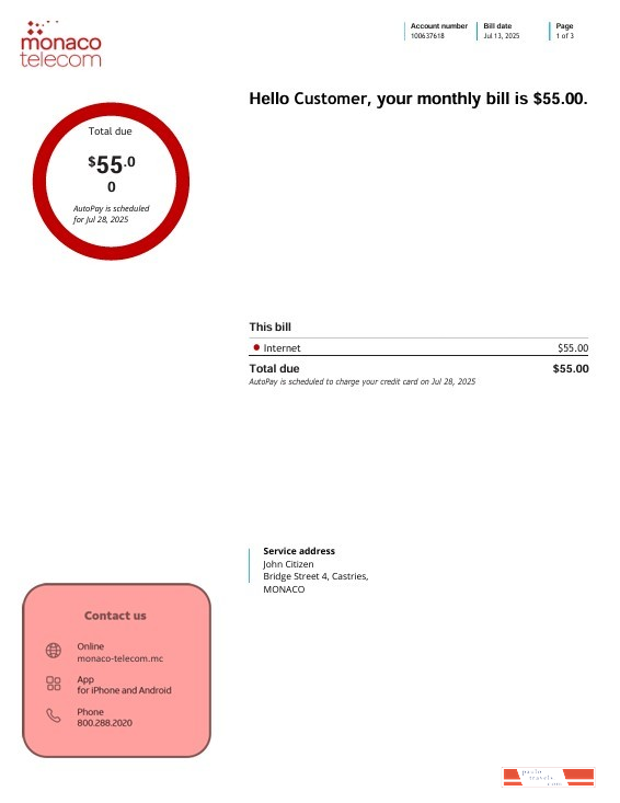 Monaco telecom internet utility bill, 3 pages